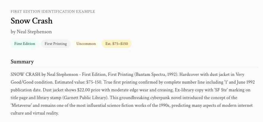 A FirstFolio assessment of a first-edition Snow Crash, showing the edition, printing, condition, and an estimated value range.